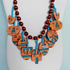 Vtg Hand Painted Wood Face Charm Necklace Southwest Tribal Mask Boho Bead Dangle
